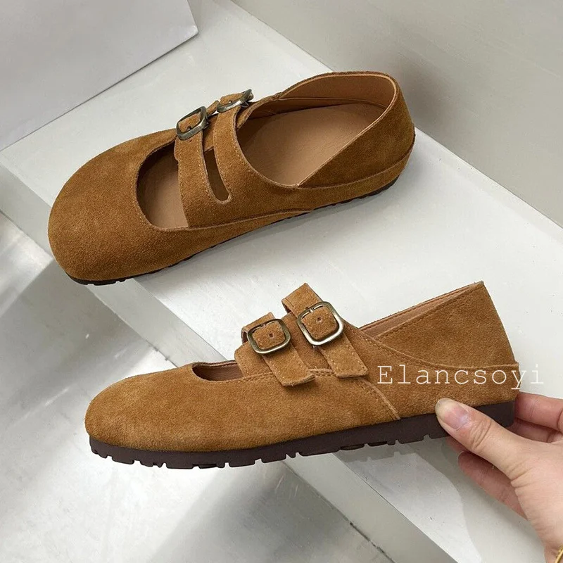 Spring Autumn Round Toe Cow Suede Retro Flat Shoes Women's Thick Bottom Belt Buckle Casual Shoes Daily Walking Single Shoes