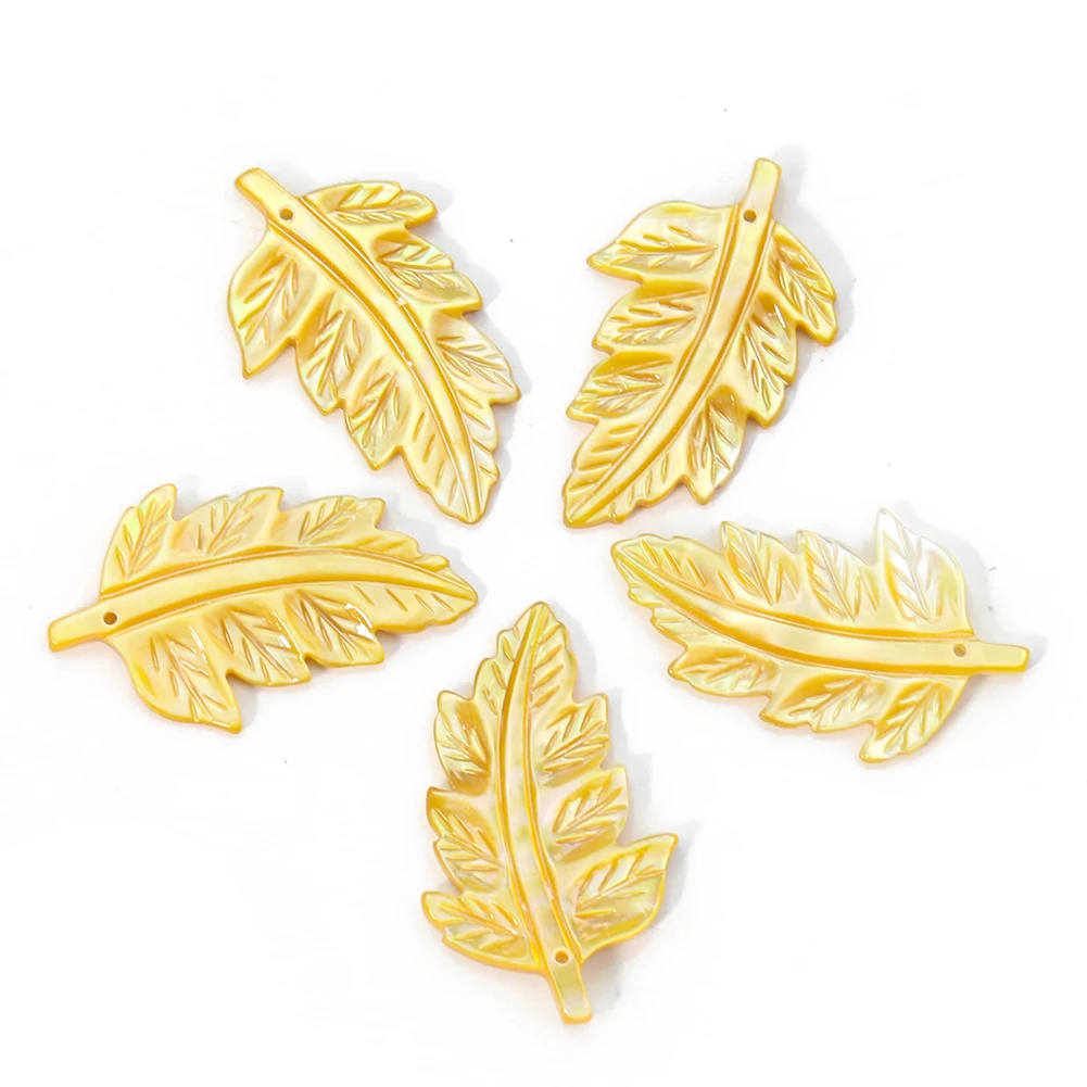 2PCS Natural Shells Carved Leaves Charms Pendant Yellow Mother of Pearl Beads for DIY Making Necklace Earring Jewelry Findings