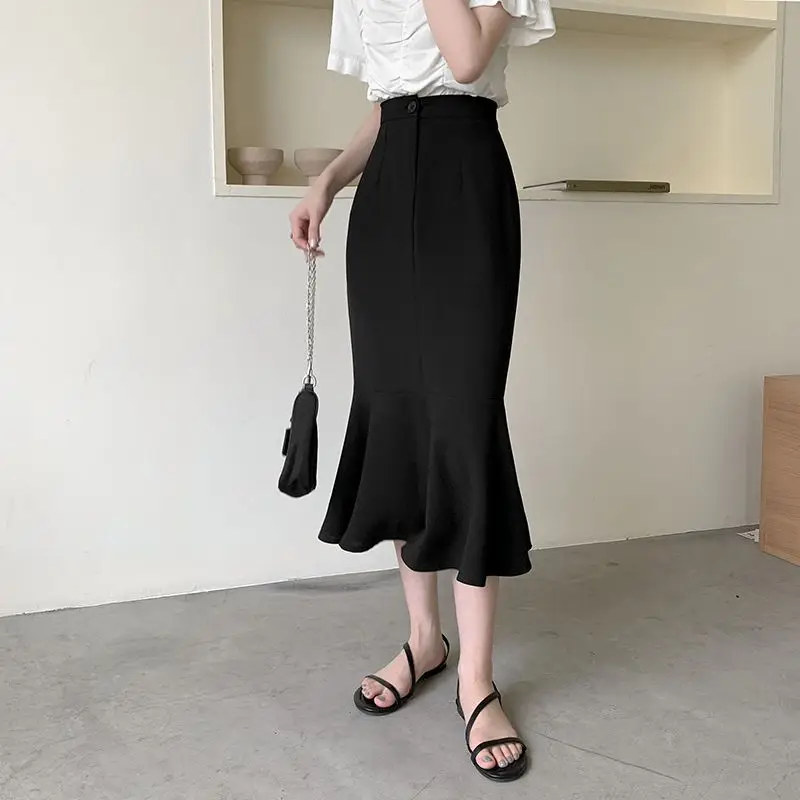 

Ruffled Fishtail Skirt for Women Spring Slim Elegant A-line High Waist Mid-length Skirt Black Vintage Korean Style Clothing