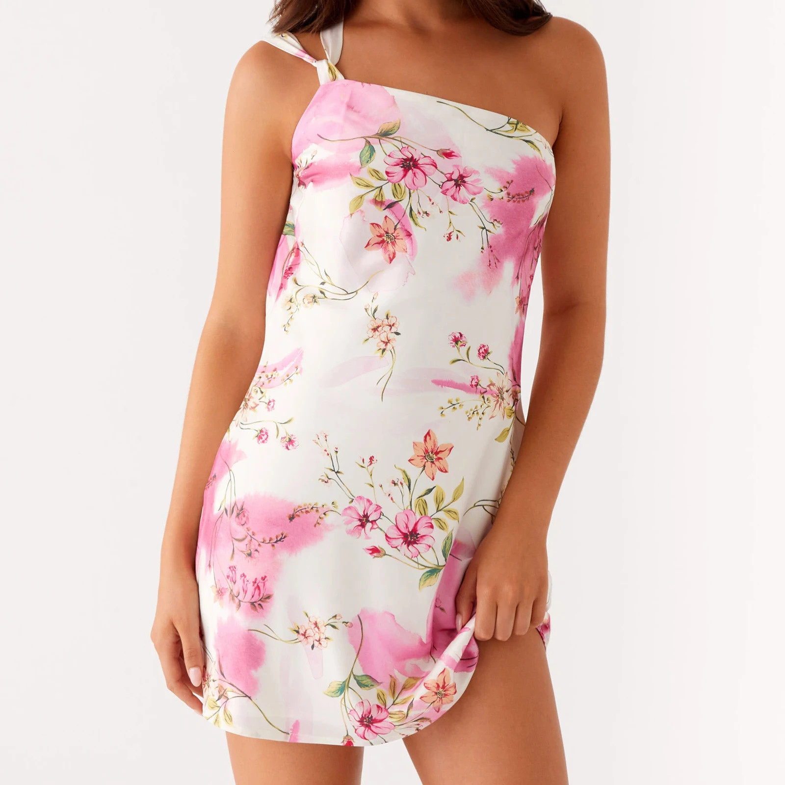 Feminino verão sem mangas gola diagonal alças cruzadas amarradas sem costas estampa floral/sólido curto mini vestido regata linha a