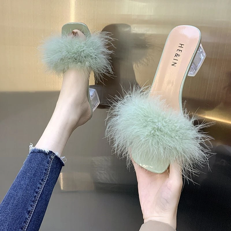 Fashion Slippers Women's Summer New Open Toe Plush Fox Fur Chunky with Flip Flops Sexy Home Banquet Square Toe Simple Pumps