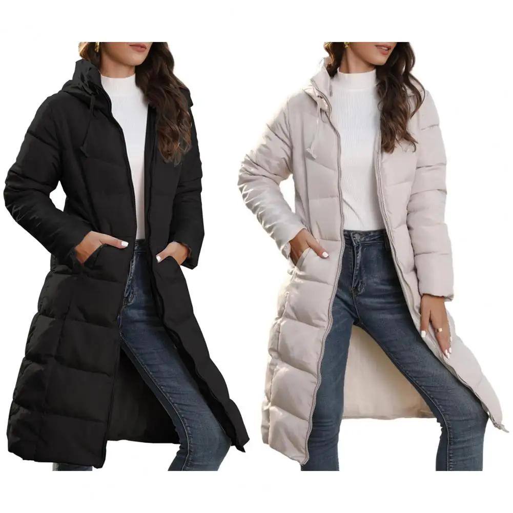 Women Down Coat Long Style Women\'s Winter Down Coat with Thick Padding Hooded Neck Drawstring Zipper Closure Solid