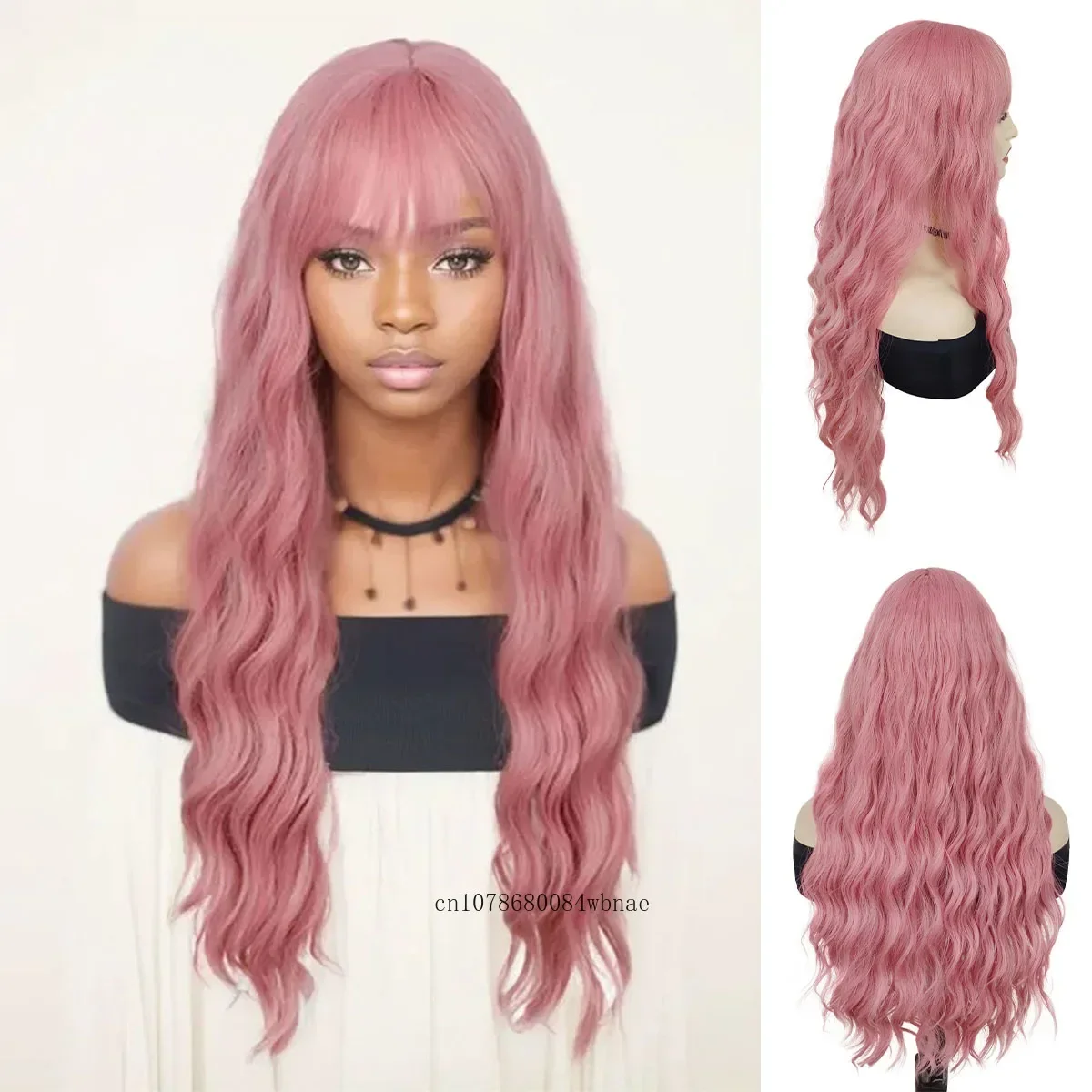 Synthetic Hair Pink Cosplay Wigs for Women Long Water Wavy Wig with Bangs Female Lolita Wigs Costume Halloween Canival Party