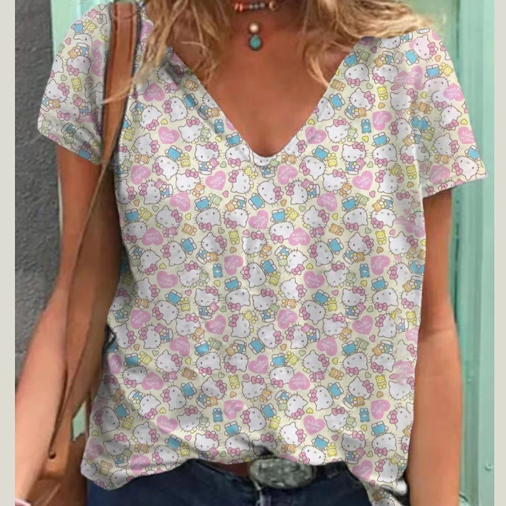 

Women's Hello kitty Fashion Comfortable V-Neck Short Sleeve women's Comfortable Cute Hello Kitty Casual Short Sleeve