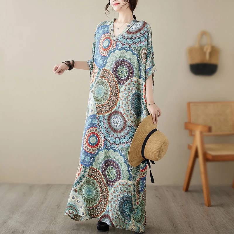 Letnia jedwabna długa spódnica plażowa z dekoltem w serek, luźna, plus size, maskująca niedoskonałości, słodka, z elastyczną talią, rękawami typu nietoperz.