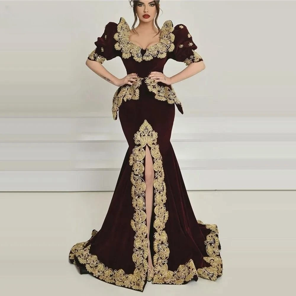 Burgundy Moroccan Kaftan Muslim Evening Dresses Mermaid Half Sleeves Velvet Appliques Dubai Arabic Abaya Islamic Gown Customized