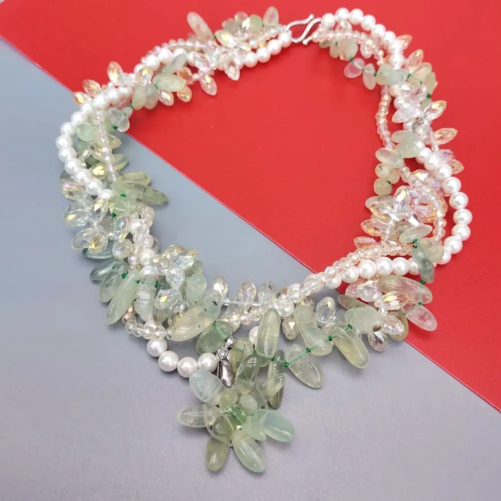 kkgem  4 Rows 6mm White Sea Shell Pearl  Natural 7x13mm Blue Prehnite Crystal Torsade Necklace Flower Pendant