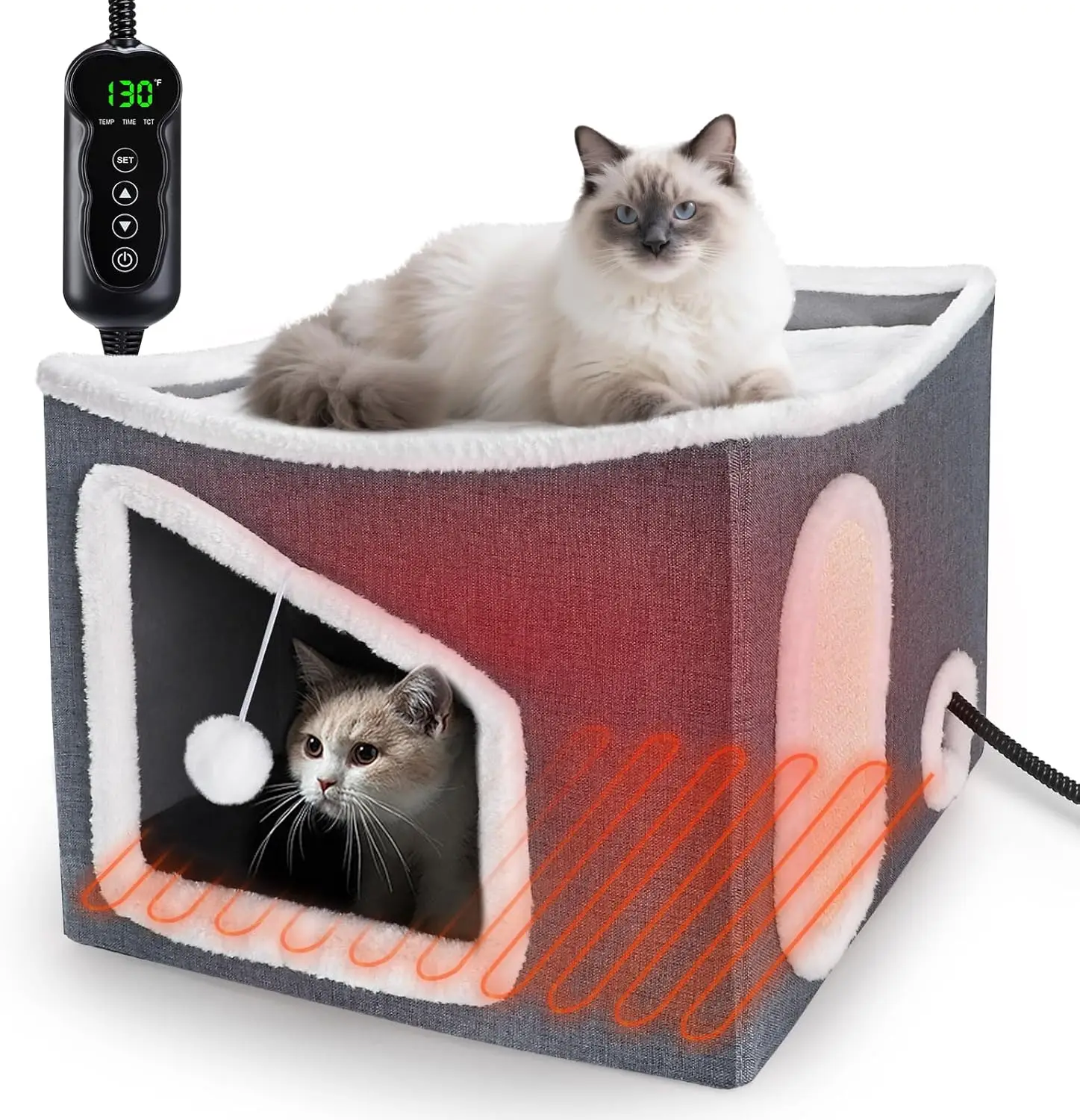 

Large Heated Cat House with Adjustable Temperature & Timer, Foldable Hideaway Bed for Indoor Cats