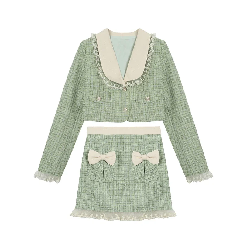Sweet Lolita Gentle French Skirt Set Elegant Tweed Plaid Bow Lace Lotus Leaf Top Mini Skirt Two-Piece Set  Women  Autumn Winter