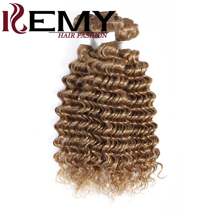 Tissage en Lot Brésilien Naturel Remy avec Closure, Couleur Blond Miel, Deep Wave, 3 Lots