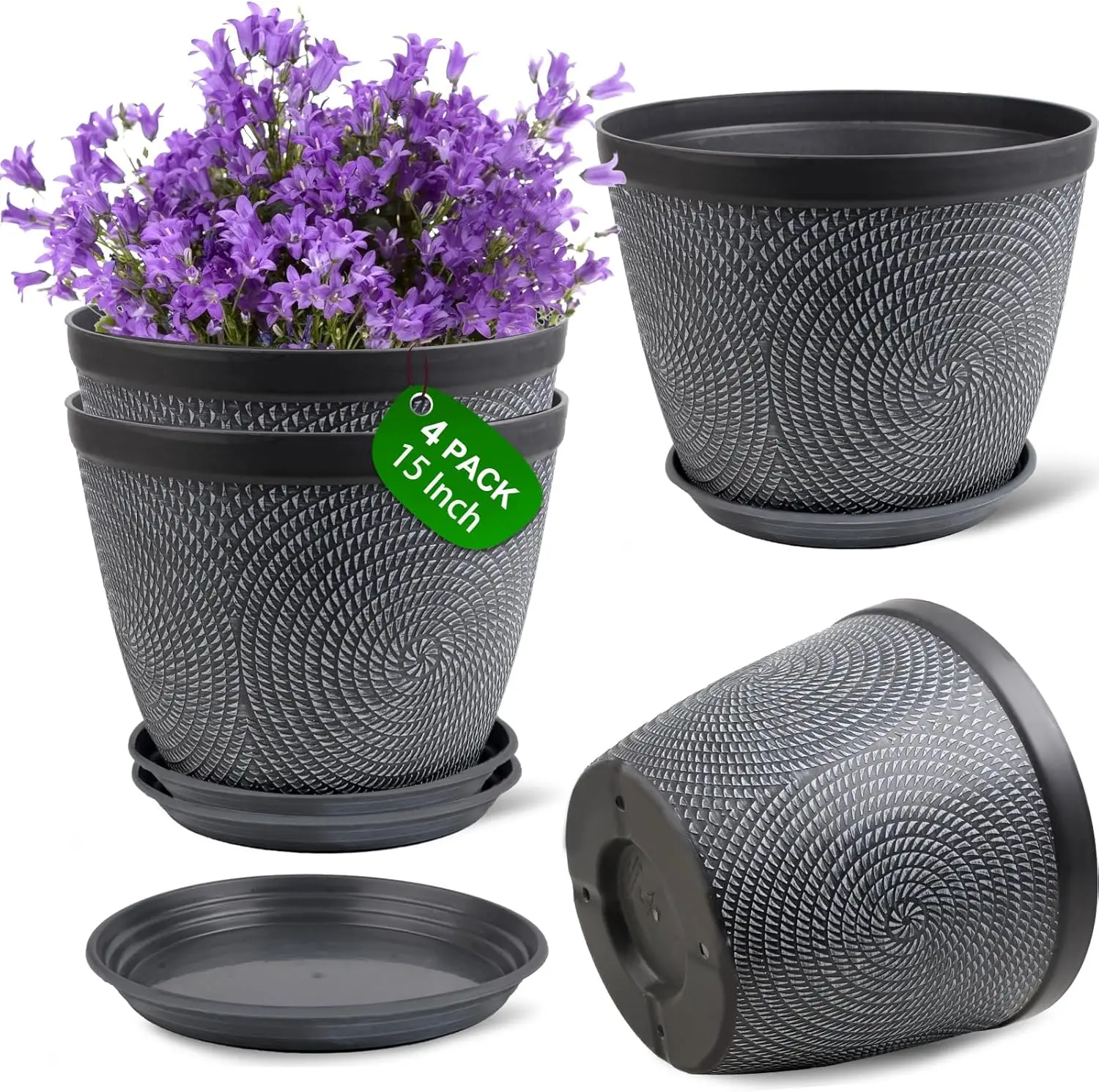 4 Pack 15 Inch Large Planter Pot, Plastic Flower Pots with Drainage Hole & Saucer, Modern Decorative Medium Large Plant Garden Pot(Gray)