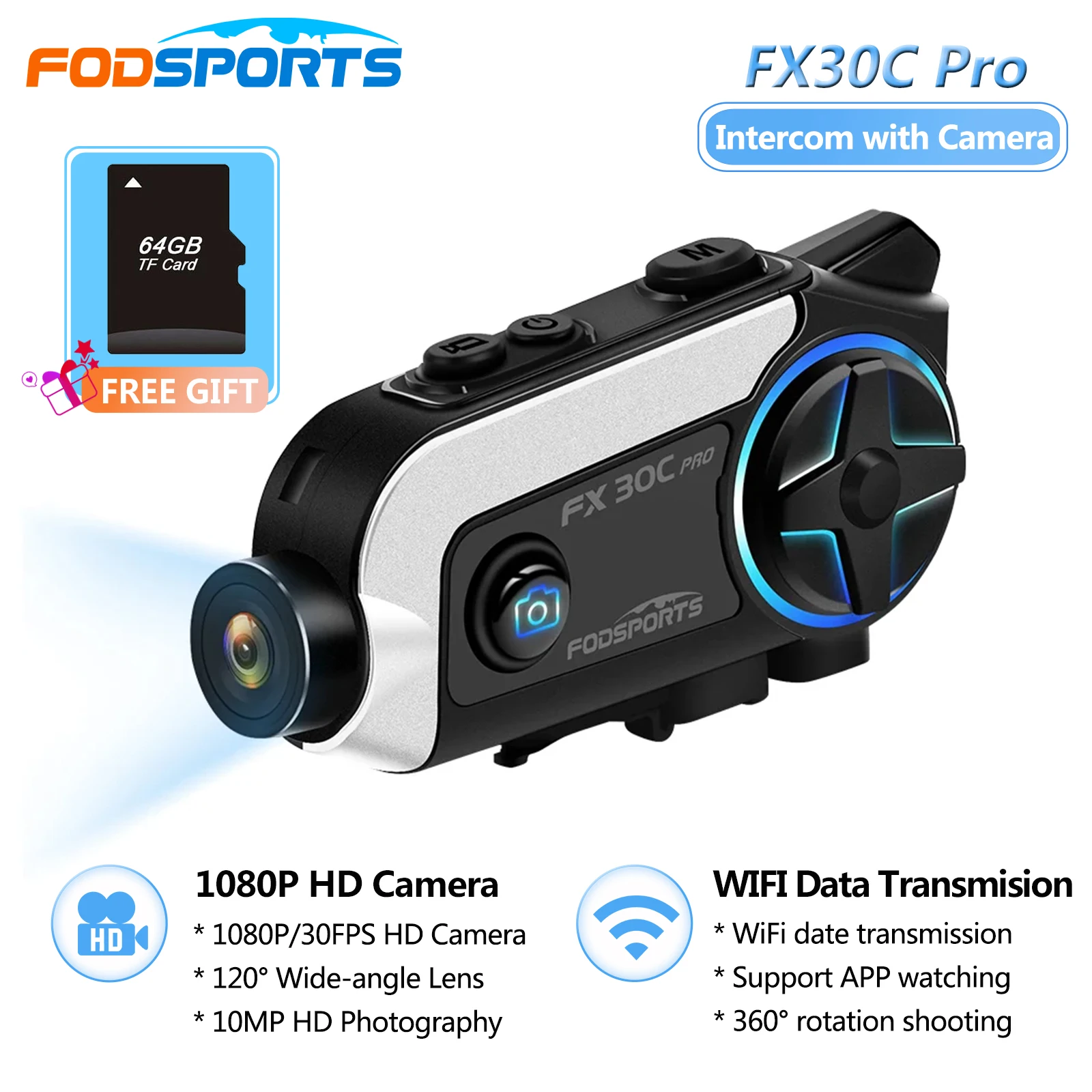 Fodsports FX30C Pro Motorcycle Intercom for Motorcycle Helmet Headset 2 Rider Bluetooth 1080P Camera HD WiFi Transfer Interphone