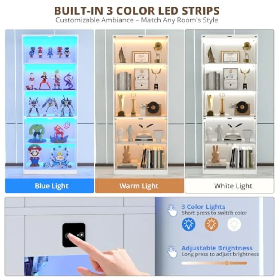 80'' Display Cabinet with Glass Door for Living Room, Tempered Glass and Wood, Black, Adjustable Shelves and LED Lighting view 4