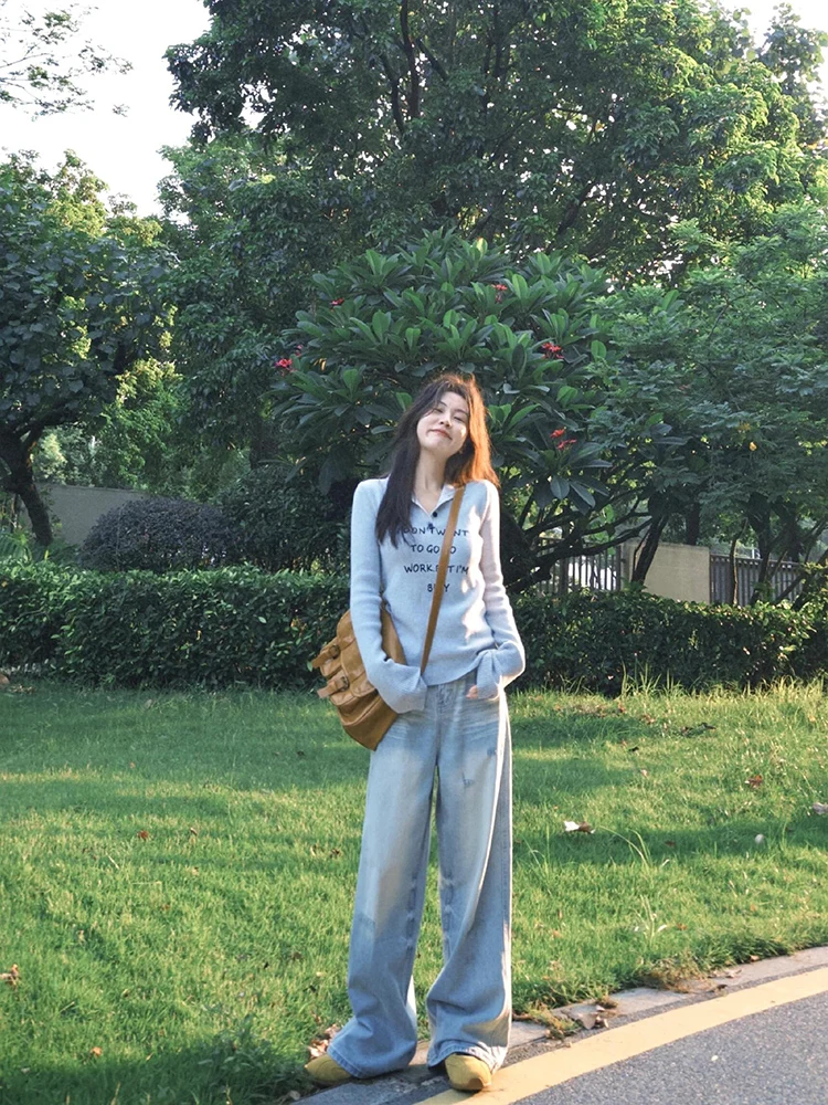 Luz azul americano retro buraco denim calças femininas verão novo design solto em linha reta perna larga jeans