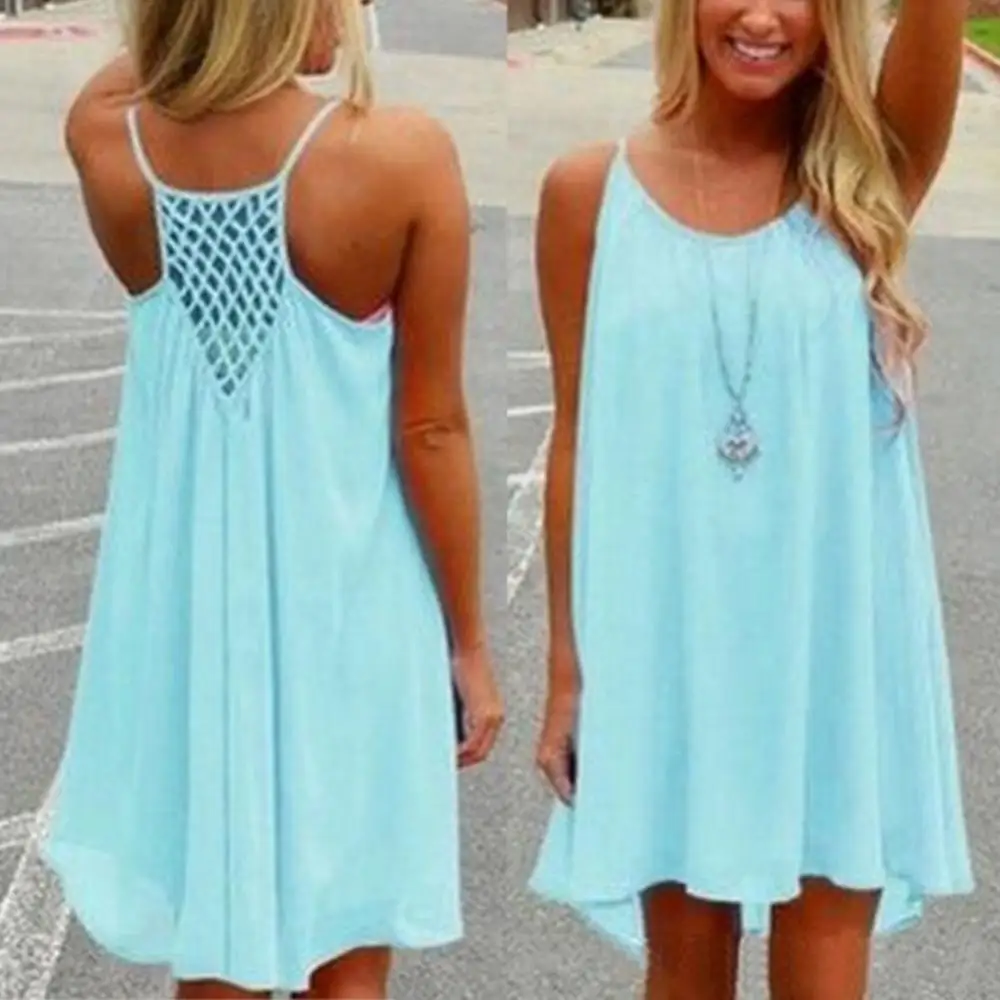 Sexy Women\'s Summer Casual Sleeveless Strap Backless Beach Dress for Evening Party Vacation Dress Backless Lady Beach Dress