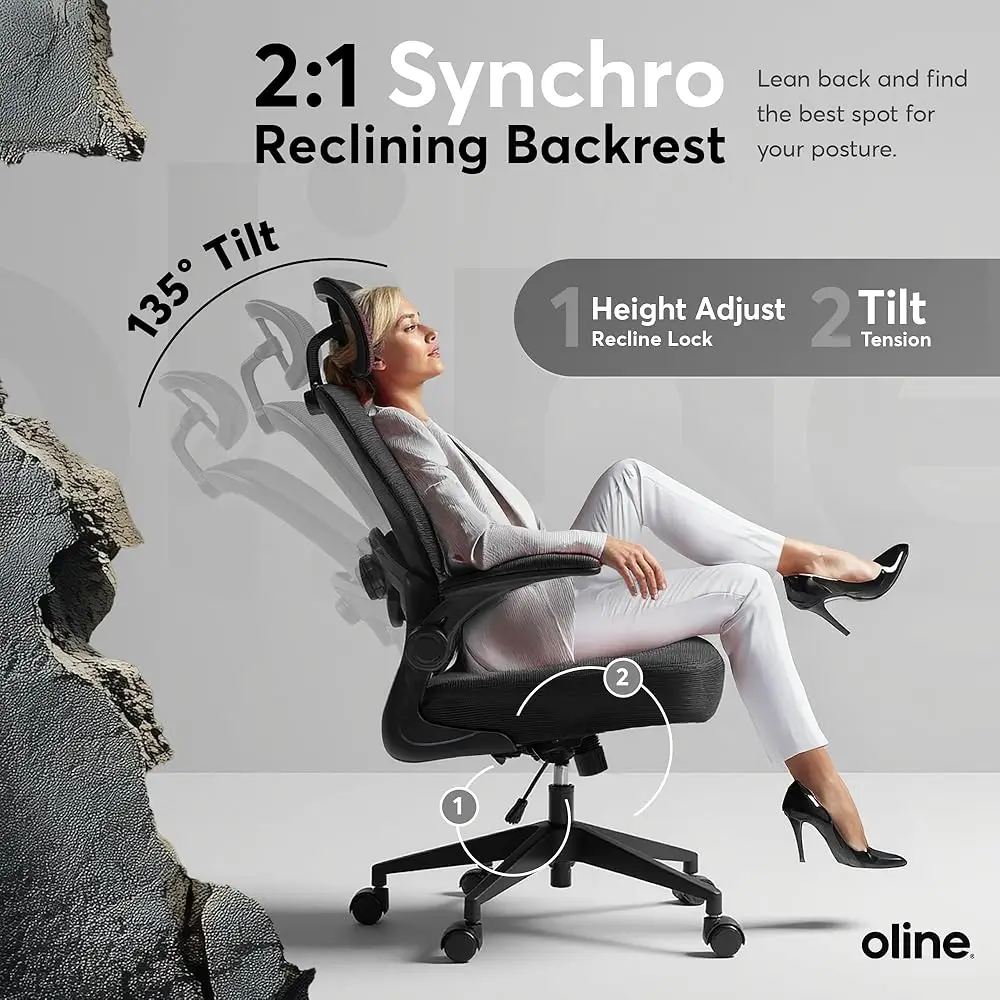 Ergoair Ergonomic Office Chair – Adjustable Lumbar Support, Flip-Up Armrests, Mesh Computer Desk Chair, Swivel Rolling