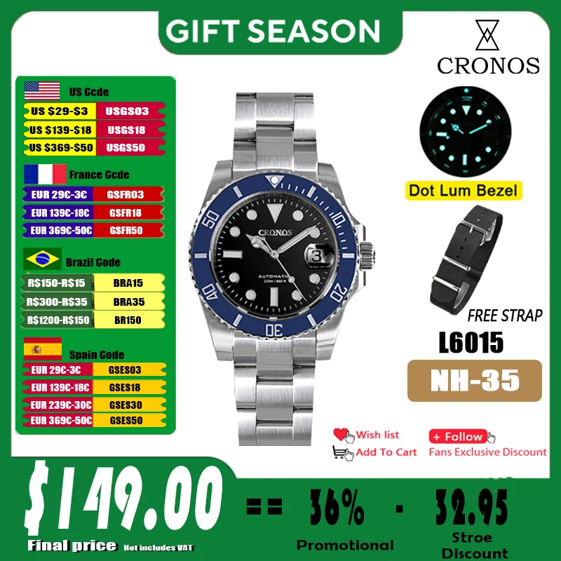 Cronos Sub Diver Men Watch With Date NH35 Brushed Bracelet Ceramic Bezel 20 ATM Waterproof Glideclasp Sapphire Cyclops L6015