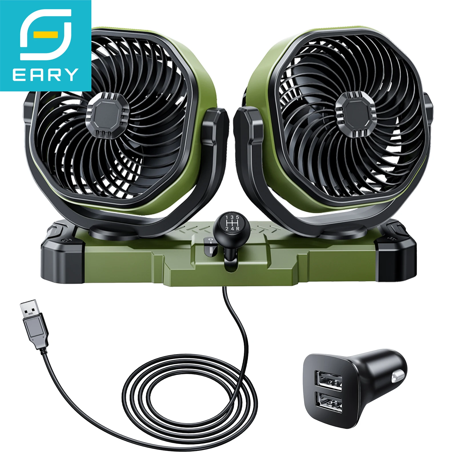 Eary Car Dual-Head Fan 5V USB 12V/24V Cigarette Lighter 2 Speeds Strong Airflow 360°Rotate Summer Cooling Fan for Vans Truck SUV