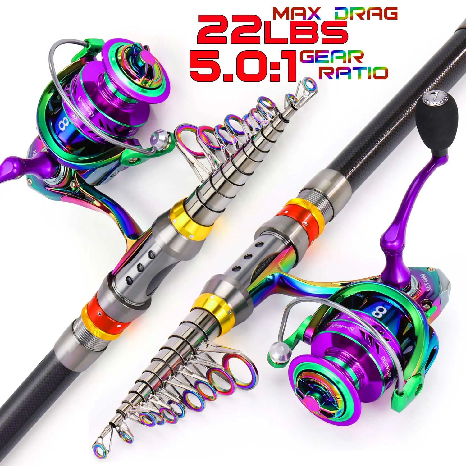 Sougayilang Telescopic Fishing Rod and Reel Set 1.8m~3.6m Sea Fishing Rod and 5.0:1 Gear Ratio Spinning Reel for Beach Fishing