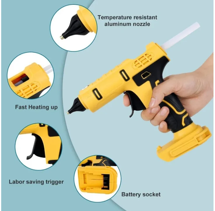 Cordless Electric Handheld Hot Glue Gun Hot Melt Gun Welding Anti-scald Nozzle with 10 Glue Stick for Dewalt Without Battery