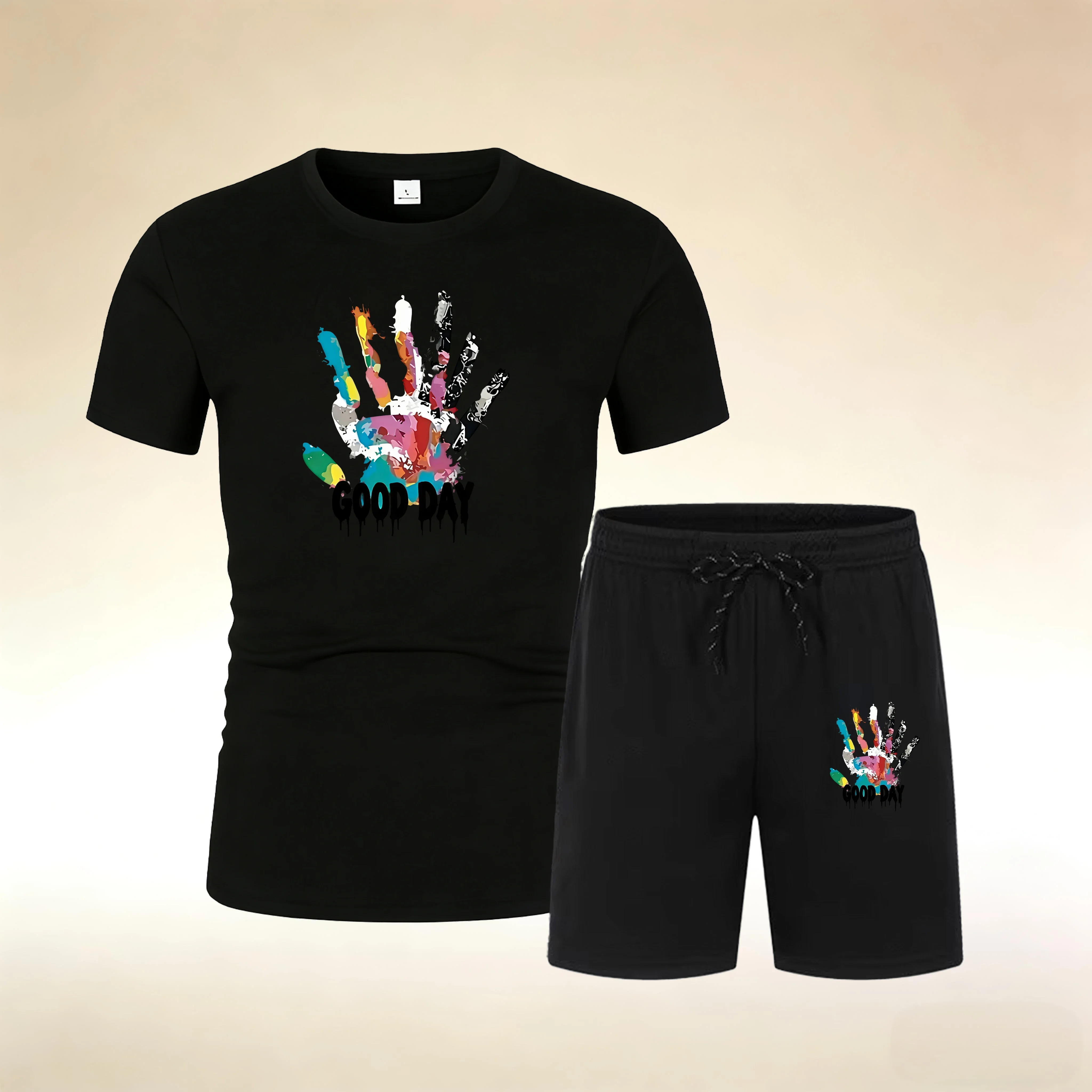 

Men's Sports Summer Beach Vacation Casual Round Neck Printed Short Sleeved+shorts Comfortable Casual Quick Drying Two-piece Set