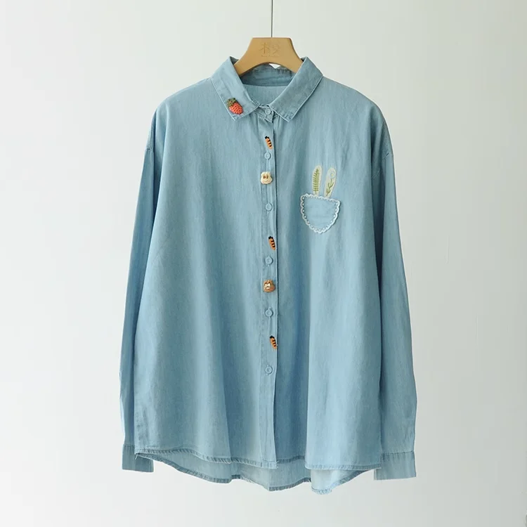 Fall clothes 2025 women Japanese style knitted carrot embroider denim shirts and blouses original jean shirts long sleeve tops