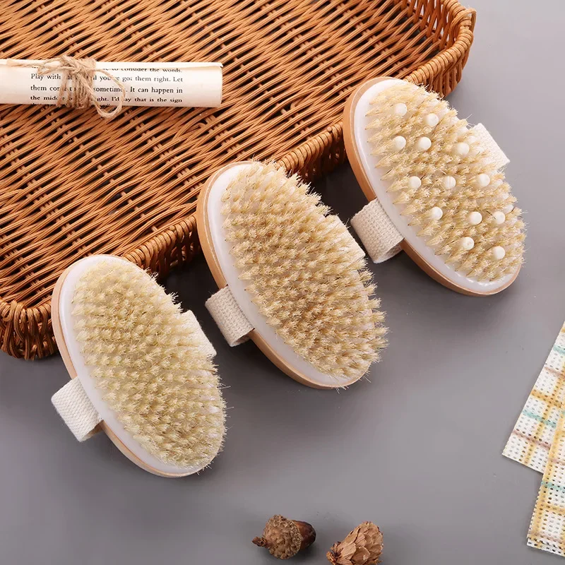 1pc Shower Brush Handheld Portable Wooden Bristle Brush Exfoliating Massage Rubbing Soft SPA Brush Shower Massager