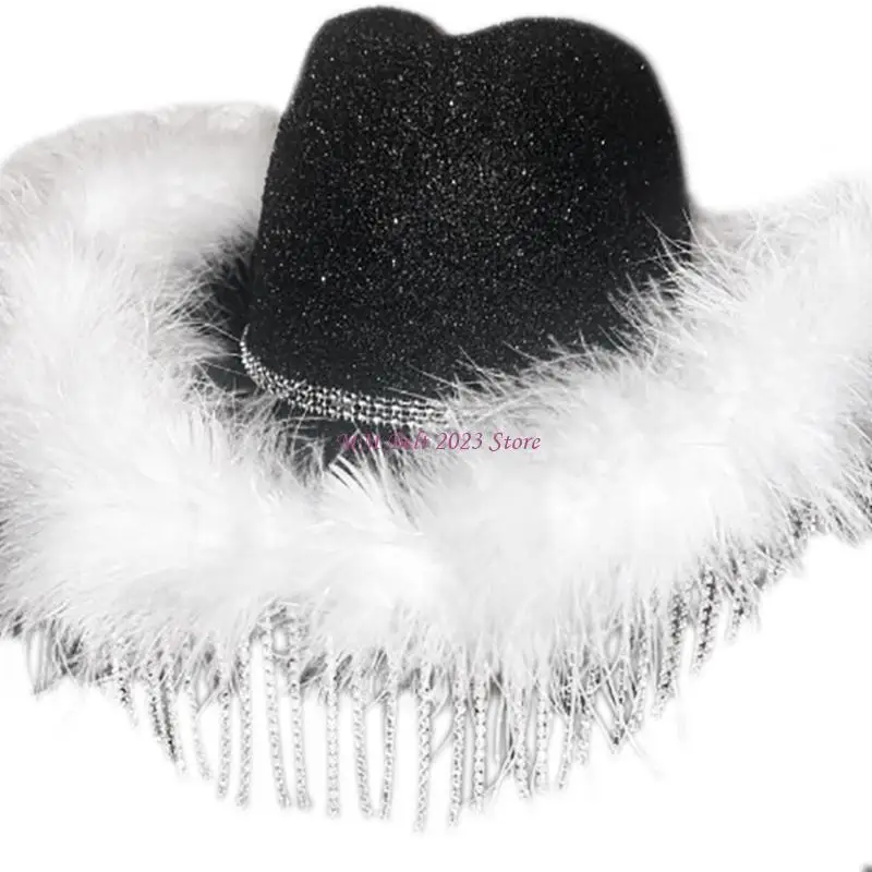 Chapéu cowgirl com penas, 49me, noiva, casamento, foto, adereços, verão, ar livre, mulher, menina, chapéu com borda