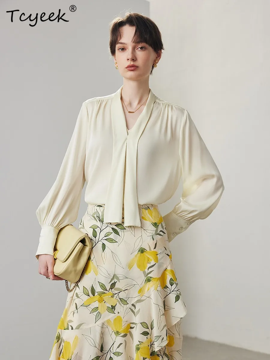 

Tcyeek, элегантная рубашка из 90% натурального шелка 19 мм, женская лента с длинным рукавом и v-образным вырезом, блузка OL для поездок на работу, лето-осень 2024 T47574QC