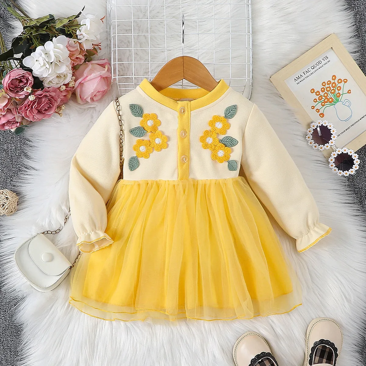 Abito da principessa Primavera e autunno Abito da bambina Bambina a maniche lunghe Gonna a rete carina per bambini alla moda Abbigliamento per