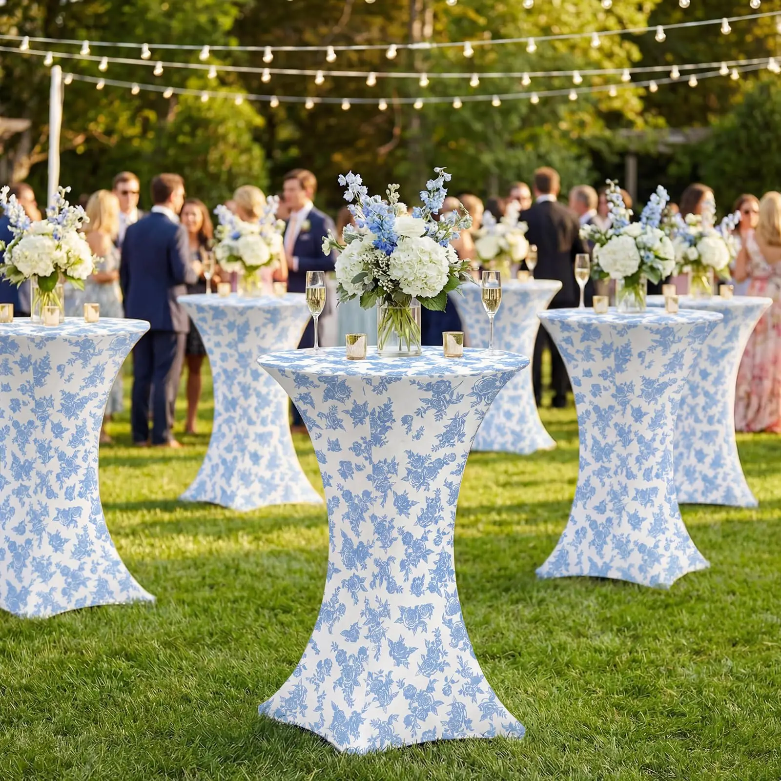 2 Pcs 32''x43'' Blue Floral Highboy Spandex Cocktail Table Cover Fitted Stretch Cocktail Tablecloth for Wedding Graduation Party