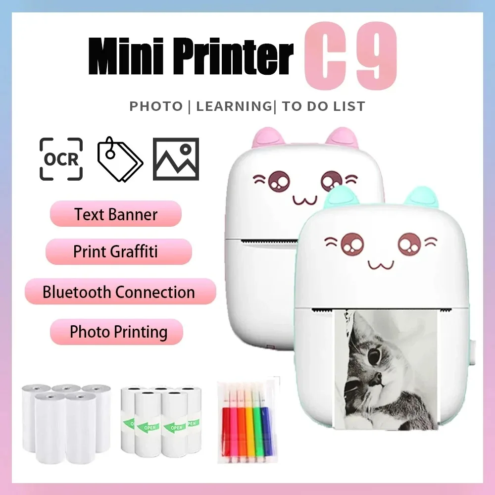 C9 Portable Mini Bluetooth WiFi Inkless Black White Printer Mobile Phone Photo Title Note Hot Print Pocket Student Label Printe