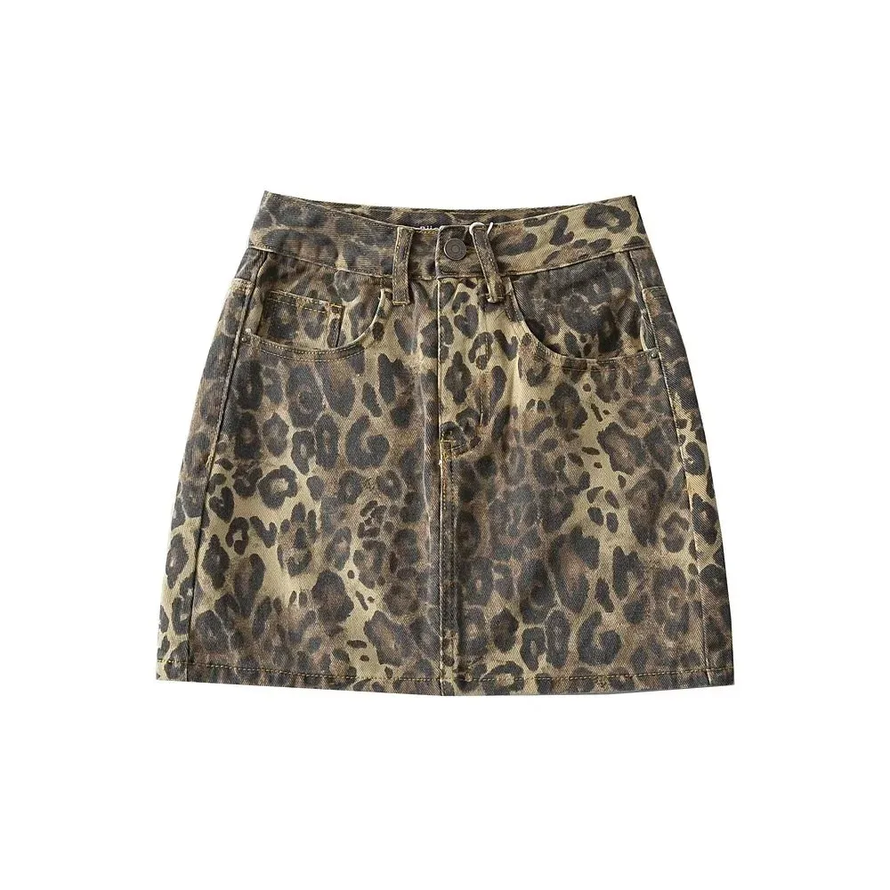 Y2K Women's High Waist Mini Skirt Leopard Print Button Front Denim Skirt Faded Wash A Line Short Skirt with Tie Side Detail and