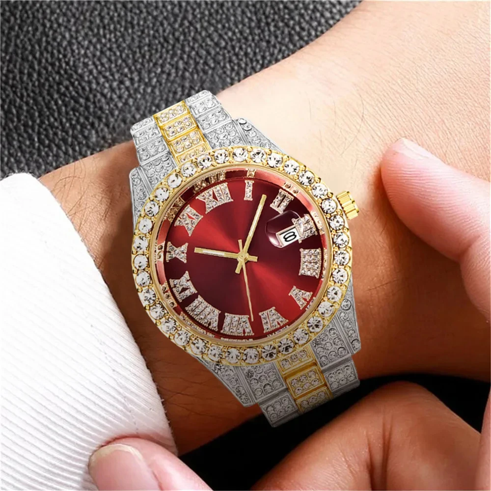 2 pçs moda luxo cheio de diamante banda aço calendário escala romana masculino banda aço relógio quartzo com corrente diamante pulseira conjunto