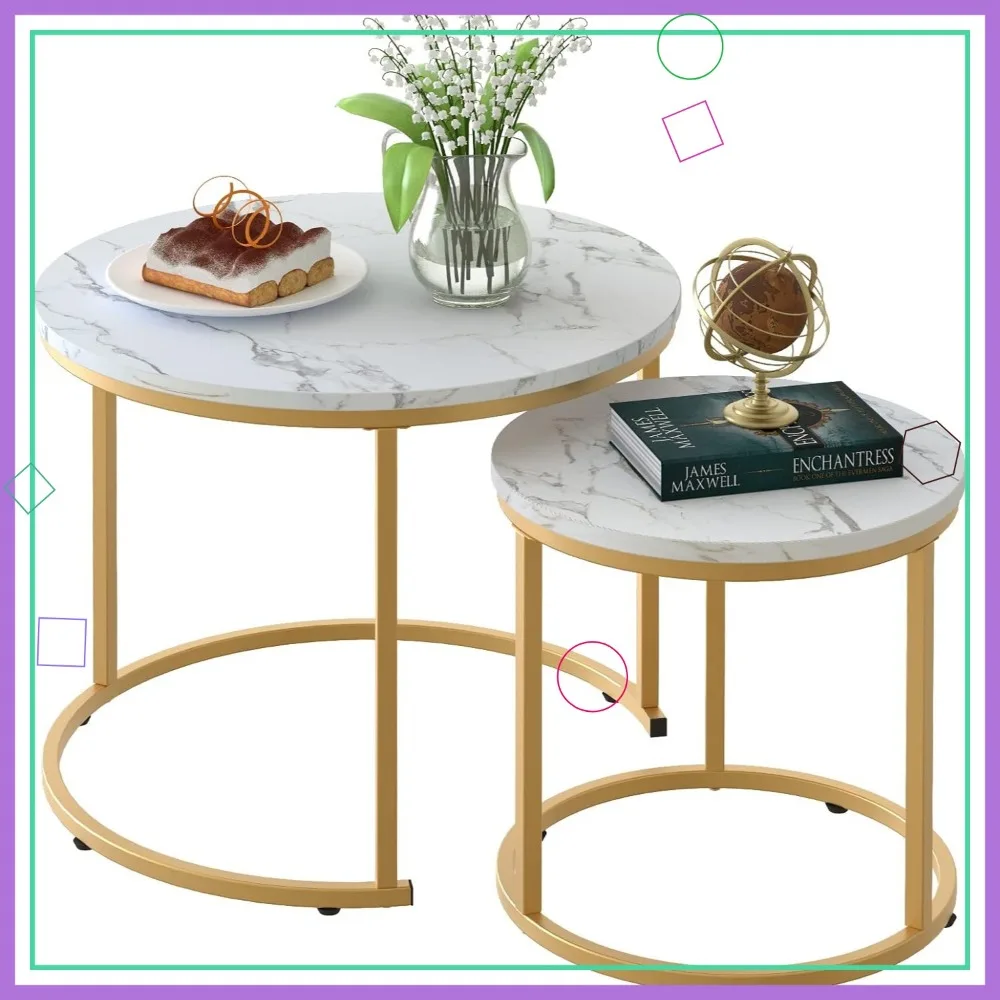 

Modern White Nesting Coffee Table Set with Golden Frame and Marble Pattern, Round Design for Living Room Bedroom