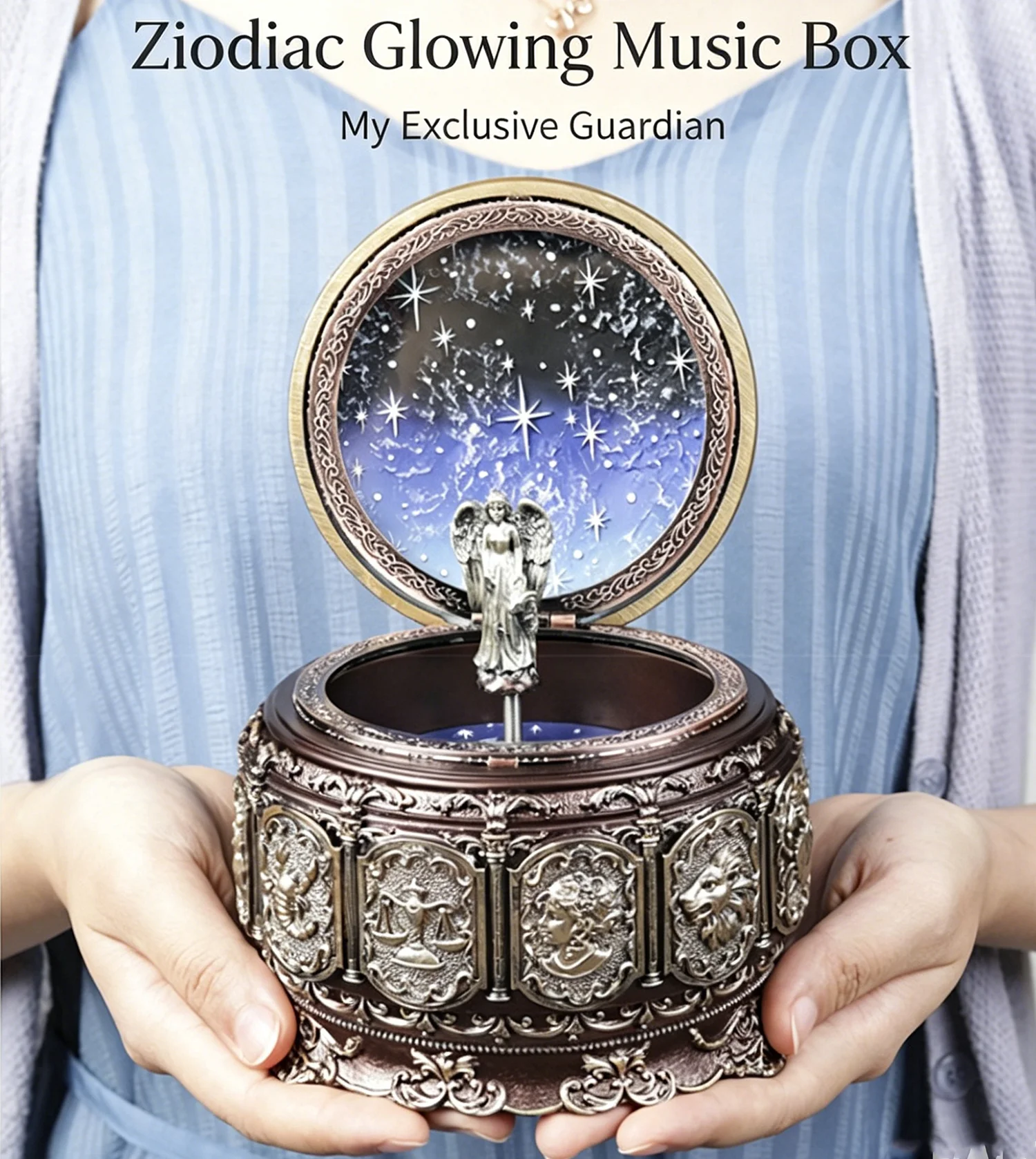 Vintage Carousel Music Box - 12 Zodiac Rotating Goddess, LED Glow, Sankyo 18-Note,Wind Up Signs of The Zodiac Gift for Birthday
