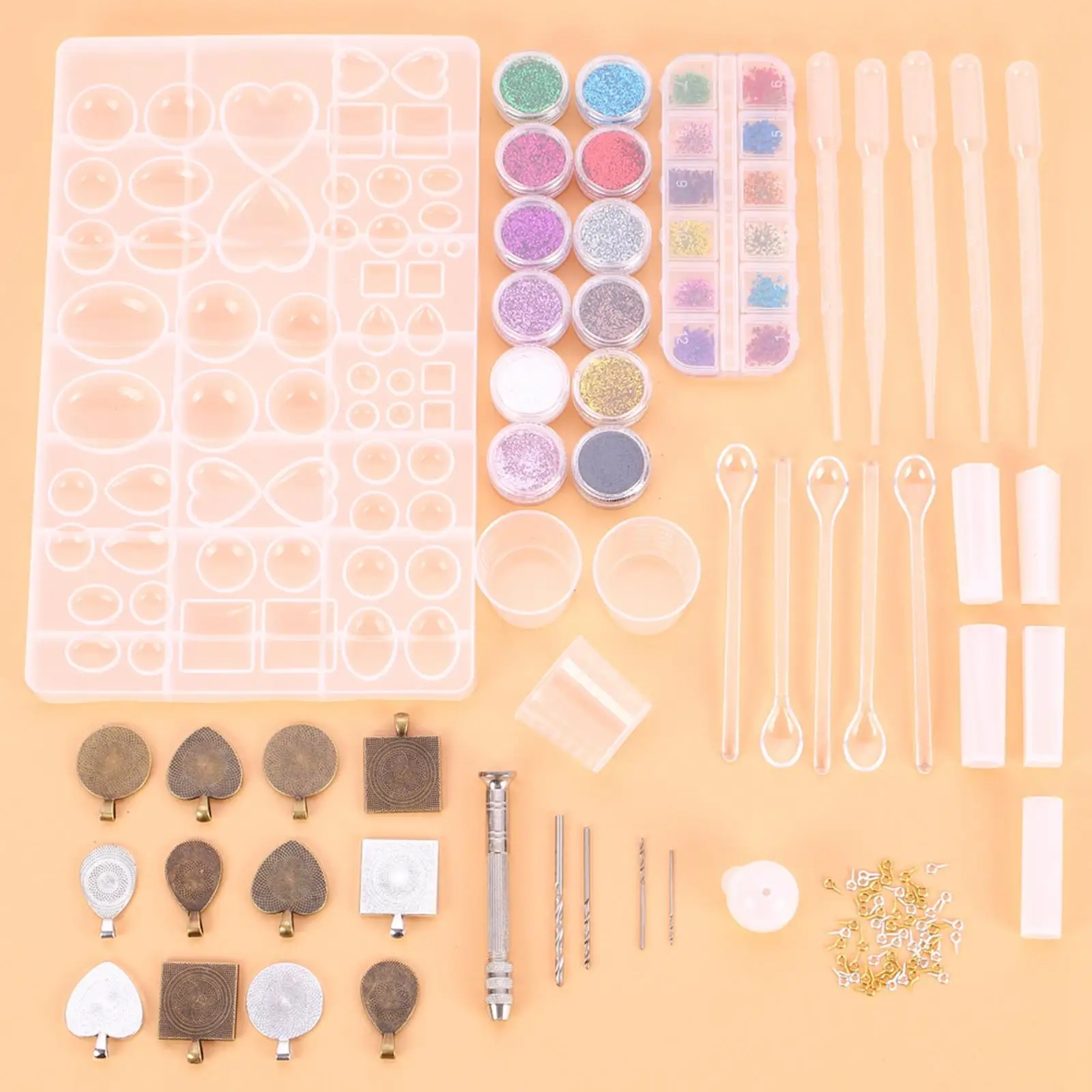 107Pcs Jewelry Casting Set Glitter Sequin Dry Flowers Crystal Epoxy for Pendant Keyrings Resin Moulds