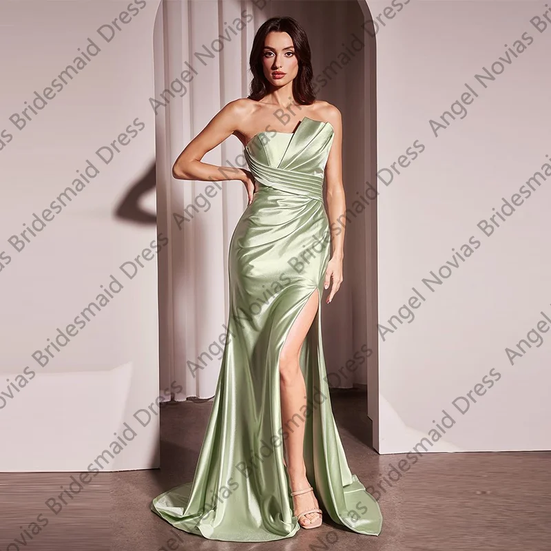

Long Light Green Bridesmaid Dresses with Slit Wedding Guest Party Gowns Customized vestido de madrinha de casamento