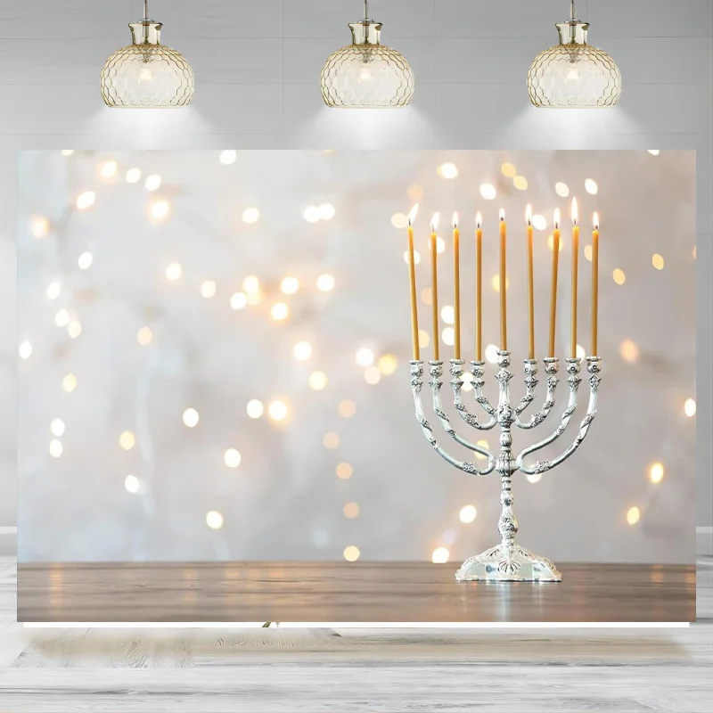 Hanukkah Photography Backdrop Menorah Silver Bokeh Lights Chanukah Holiday Decorations Banner Jewish Holy Party Background