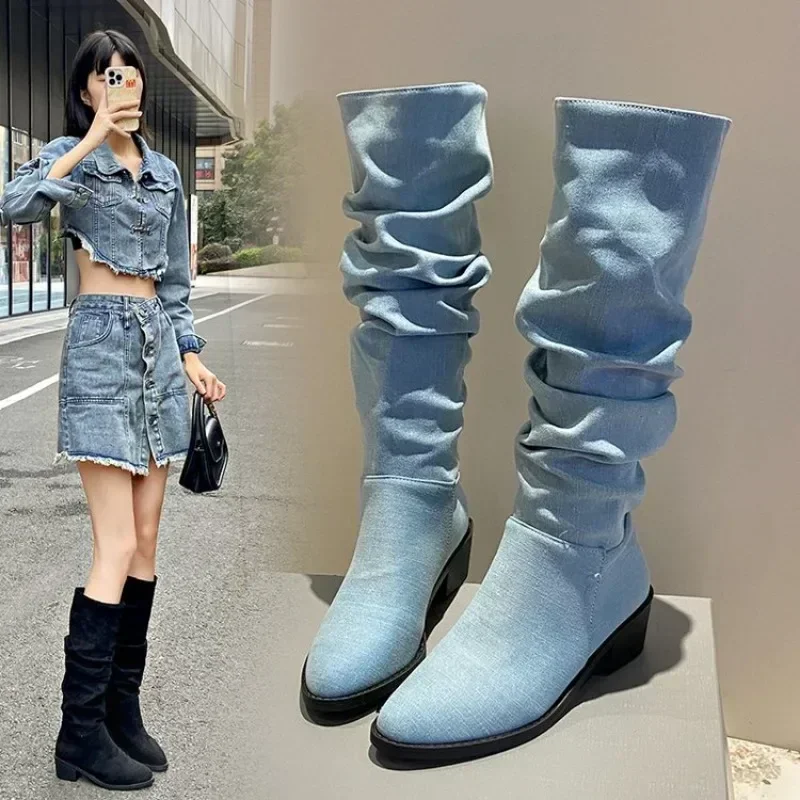 Shoes Female 2024 Fashion Sleeve Women's Boots Autumn Pointed Toe Denim Solid High Tube Chunky Heels Large Size Western Boots