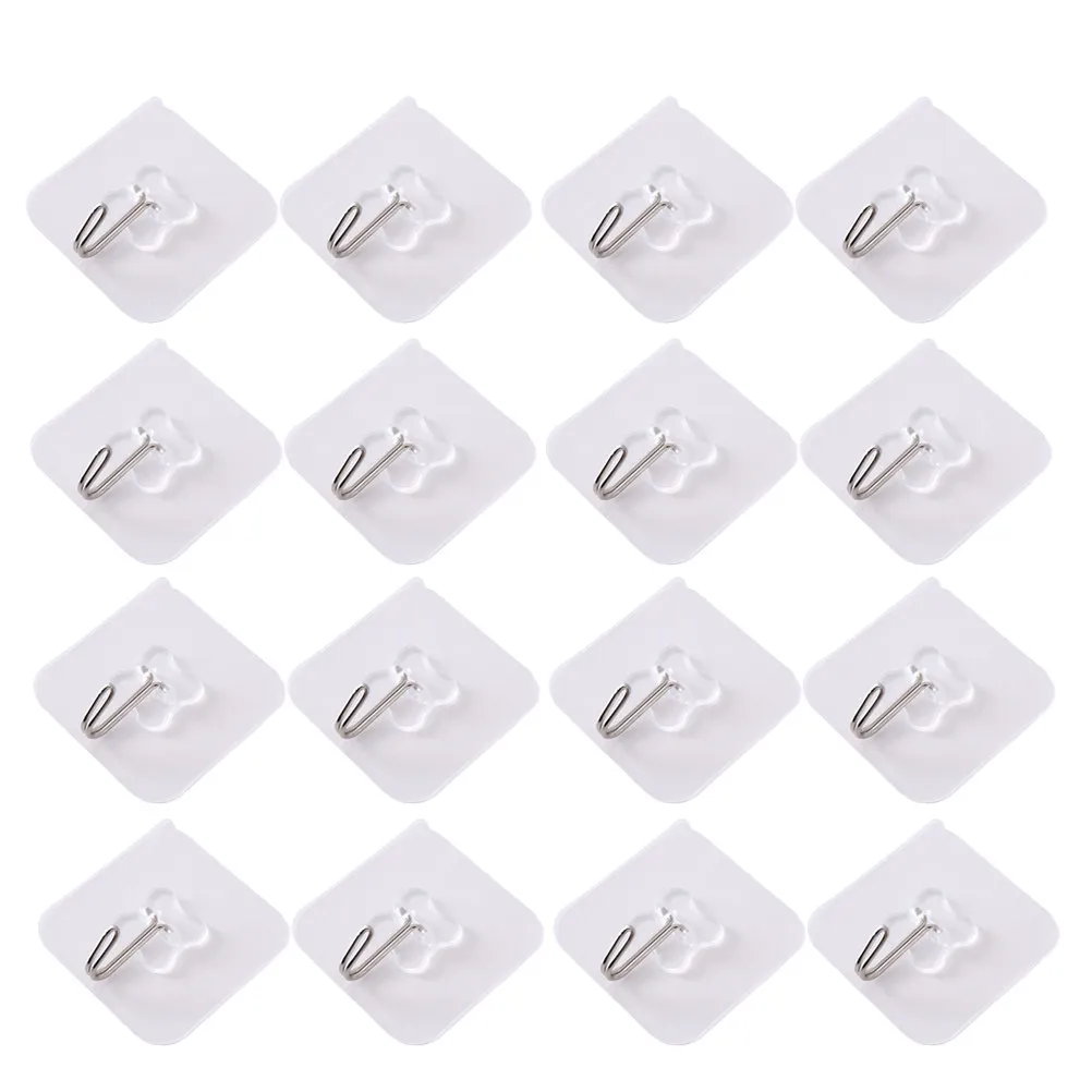 16Pcs Adhesive Wall Hooks Transparent Waterproof Heavy Duty Reusable Seamless Hooks for Bathroom Kitchen Home Storage Organizer
