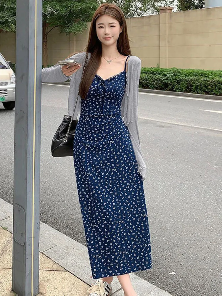 Korean Sexy Dress Sets Women Print Lace Patchwork Spaghetti Strap Dress Fashion All Match Solid Long Sleeve Top Ladies Two Piece