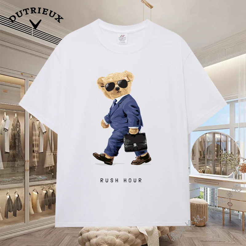 2024 New Luxury Bear Short Sleeved Men's and Women's Loose 230g Fabric weight Cotton Versatile Round Neck Breathable Inner Layup