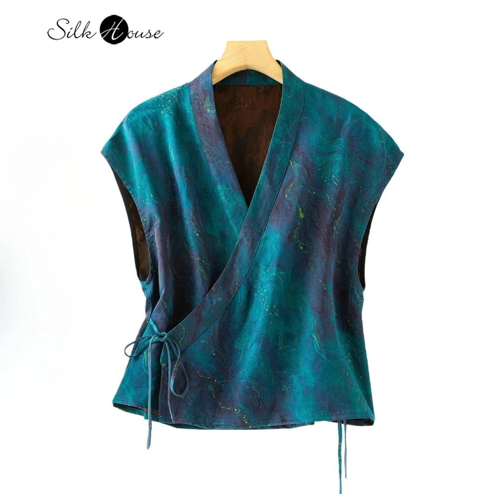 2025 Women's Summer New Breathable 100% Natural Mulberry Silk Gambiered Guangdong Gauze Tea Robe V-neck Strap Short Top