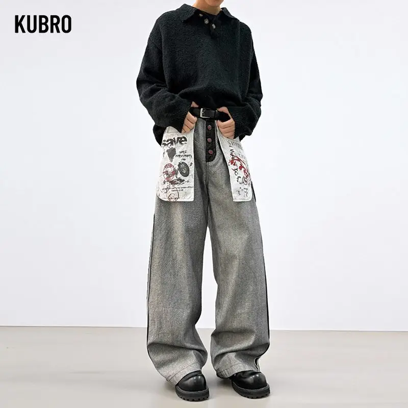 

Pocket Printed Men's Jeans 2025 Autumn Patchwork Korea Fashion Cargo Jeans Casual Wide Leg Male Vintage High Street Denim Pants