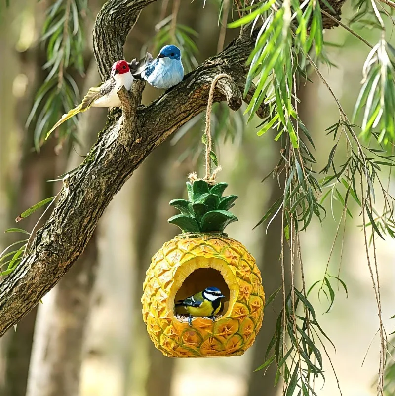 Creative Simulation Resin Pineapple Bird House Statue Pendant Outdoor Courtyard Balcony Bird Feeder Handicraft Garden Decoration