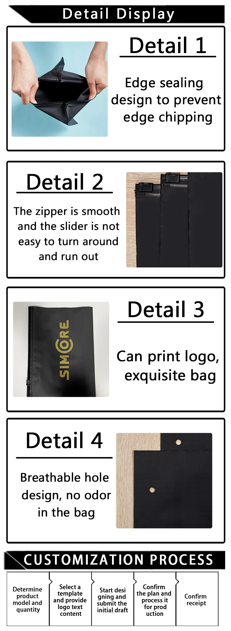 50 Stück matte horizontale schwarze Reißverschlusstasche aus CPE, doppelseitig mattierte Kleidungsverpackungstasche, unterstützt individuelles Logo. – Detail 3