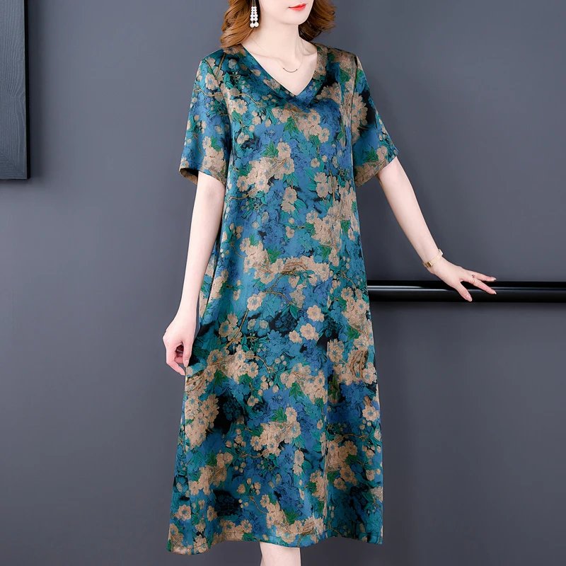 2024 New Blue Floral Natural Silk Satin Midi Dress Summer Short Sleeve Elegant Loose Dress Women Korean Vintage Casual Dresses