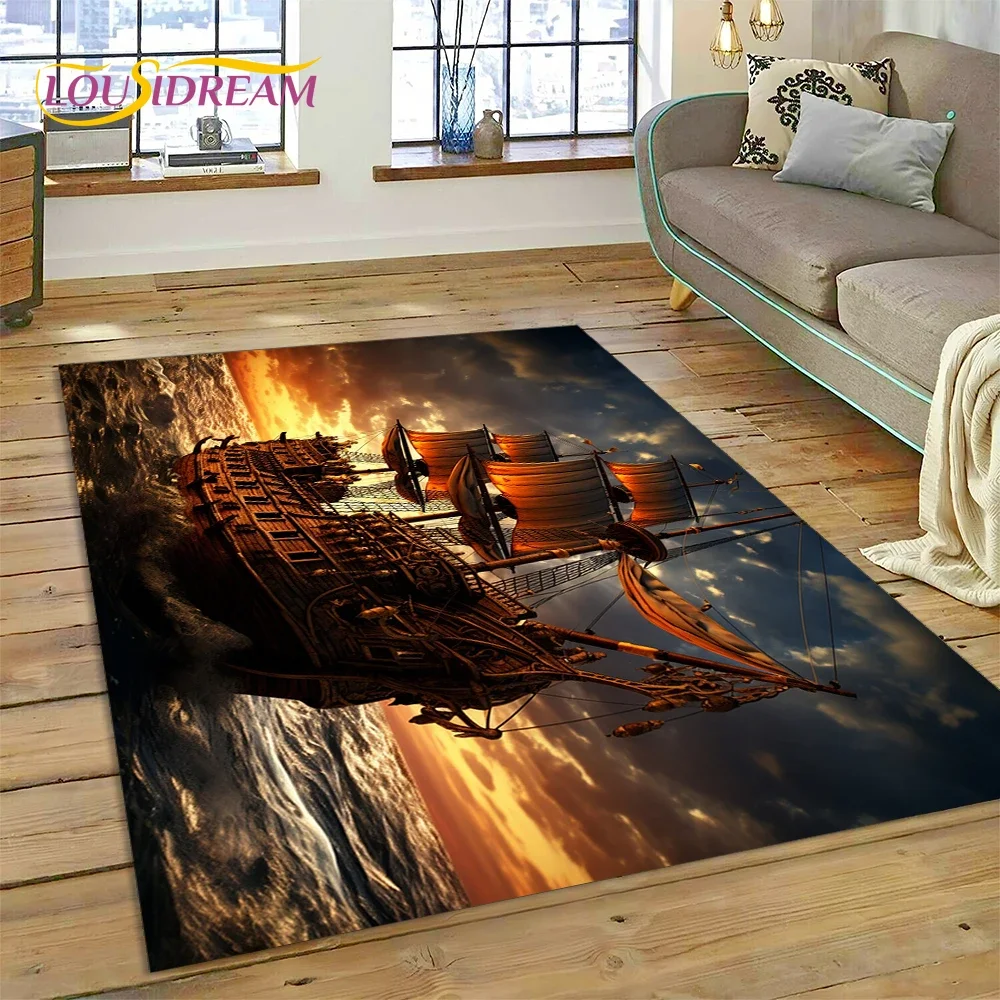 Ancient Pirate Ship Boat,Barque,Sailboa Rug Carpet for Living Room Bedroom Decor,Floor Mat Non-slip Decoration for Sofa Doormat