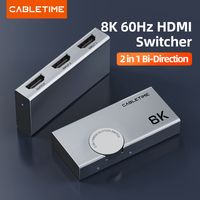 CABLETIME HDMI Splitter 8K 60Hz  4K 120Hz 2 in 1 Switcher 3D Vision Aluminum Knob Design Adapter for Laptop Macbook Lenovo C457